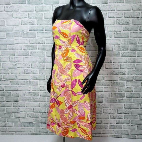 90s Lilly Pulitzer Womens 2 Floral Parrot Pattern Strapless Tie Back Midi Dress - Picture 3 of 7